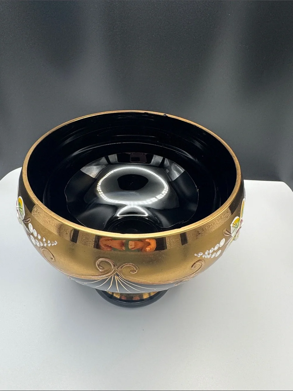 Decorative Black and Gold candy,cookie, Bowl with Hand-Painted Floral Accent